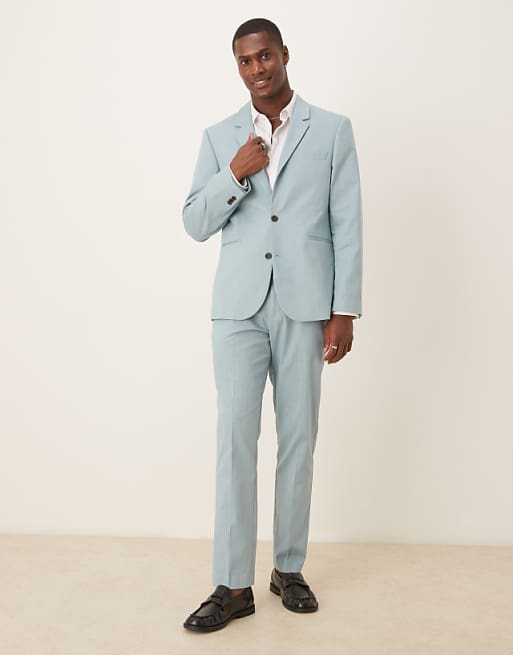asos ASOS DESIGN linen look slim suit in light blue