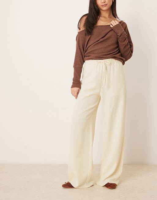 asos ASOS DESIGN linen look tailored tie waist pull on trouser in buttermilk