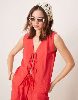 Asos ASOS DESIGN Linen Look Tie Front Top & Trouser Co-ord In Red