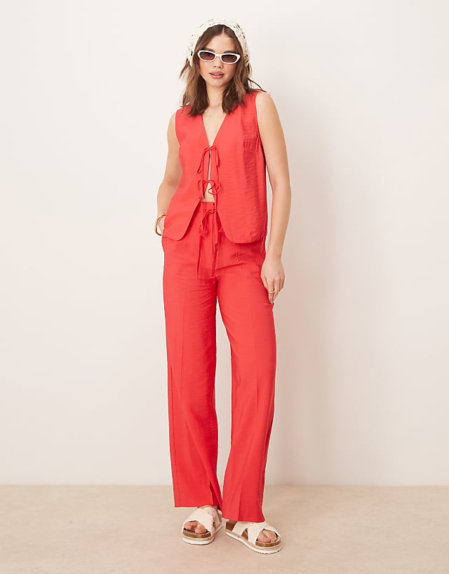 asos ASOS DESIGN linen look tie front top & trouser co-ord in red