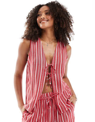 Asos ASOS DESIGN Linen Look Tie Front Waistcoat And Trouser Co-ord In Red Stripe