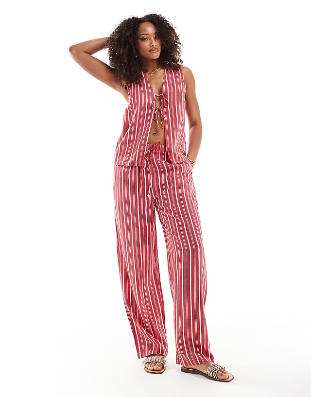 asos ASOS DESIGN linen look tie front waistcoat and trouser co-ord in red stripe