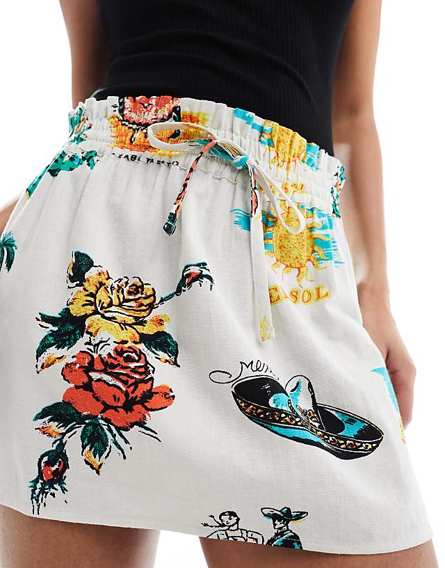 asos ASOS DESIGN linen look tie waist mini skirt in tropical print