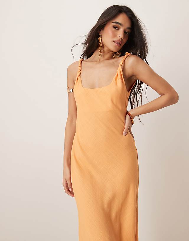 Asos ASOS DESIGN Linen Look Twist Strap Bias Maxi Dress In Papaya