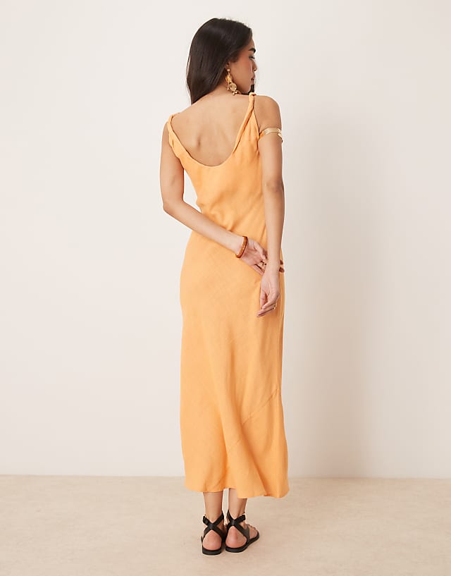 Asos ASOS DESIGN Linen Look Twist Strap Bias Maxi Dress In Papaya