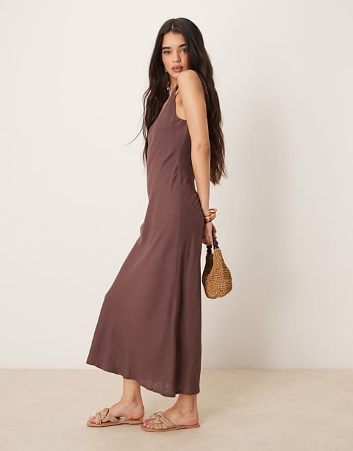 Asos ASOS DESIGN Linen Look Twist Strap Bias Maxi Dress In Chocolate