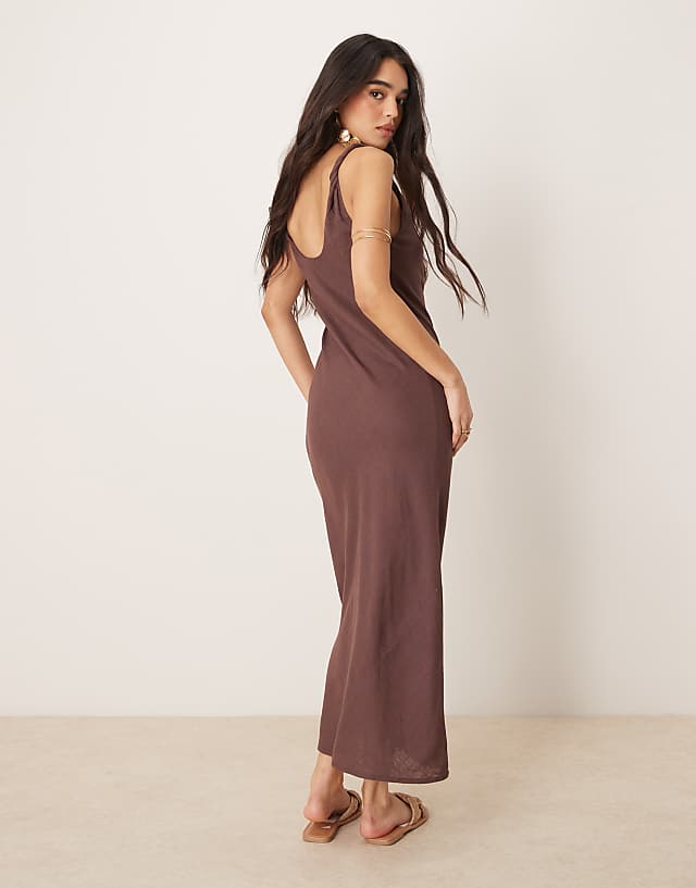 Asos ASOS DESIGN Linen Look Twist Strap Bias Maxi Dress In Chocolate
