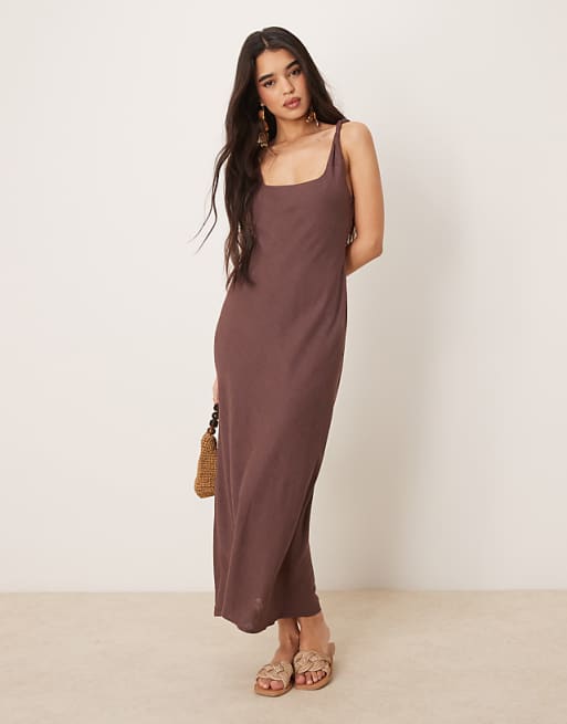 asos ASOS DESIGN linen look twist strap bias maxi dress in chocolate