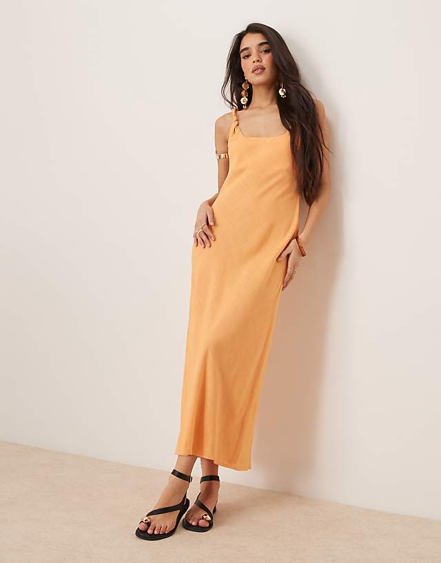 asos ASOS DESIGN linen look twist strap bias maxi dress in papaya