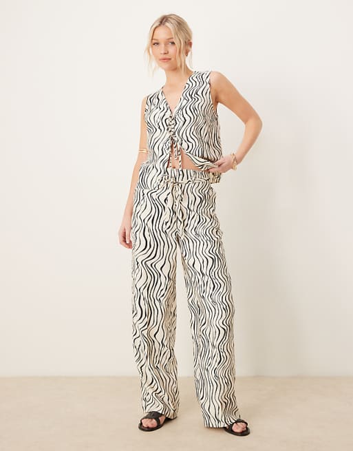 asos ASOS DESIGN linen look zebra squiggly print tie front top & trousers co-ord