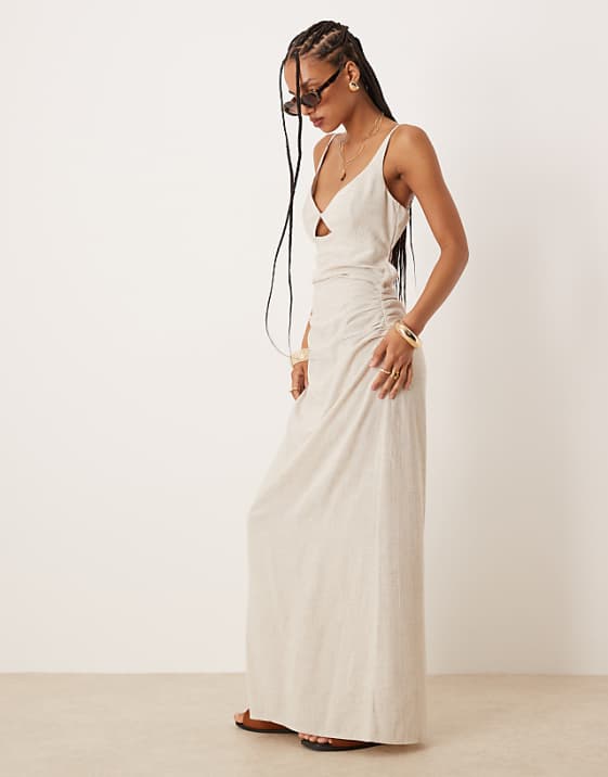 asos ASOS DESIGN linen maxi sundress with bralet cut out in oat