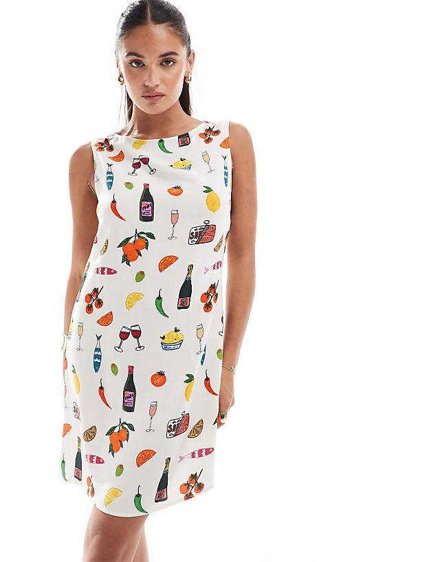 Asos ASOS DESIGN Linen Mix Mini Dress In Holiday Print