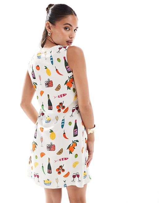 Asos ASOS DESIGN Linen Mix Mini Dress In Holiday Print