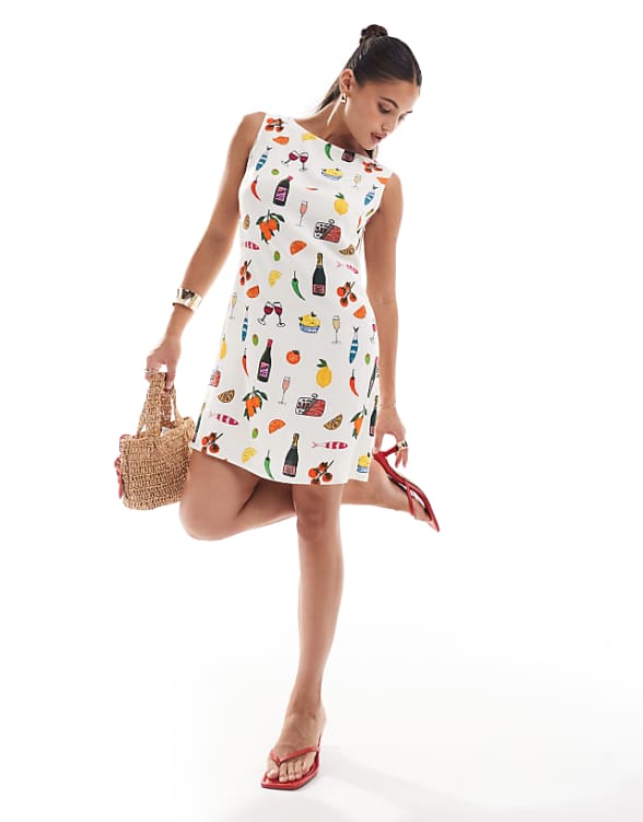 asos ASOS DESIGN linen mix mini dress in holiday print