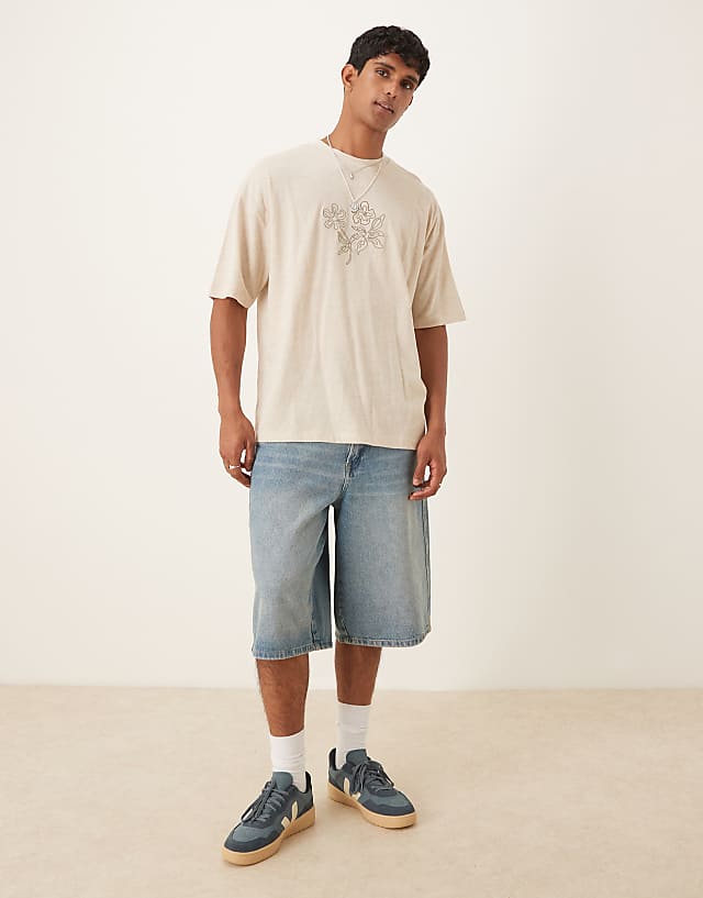 Asos ASOS DESIGN Linen Mix Oversized T-shirt With Floral Embroidery In Natural