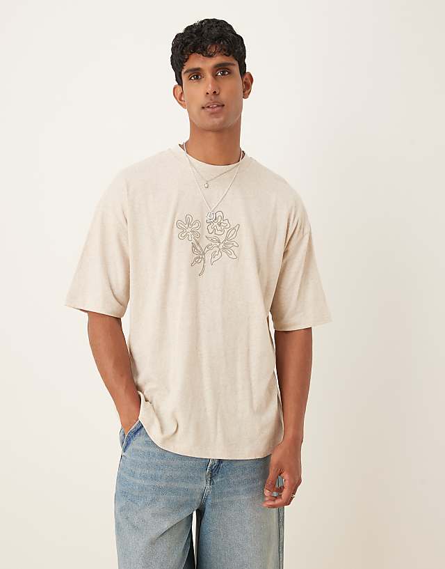 asos ASOS DESIGN linen mix oversized t-shirt with floral embroidery in natural