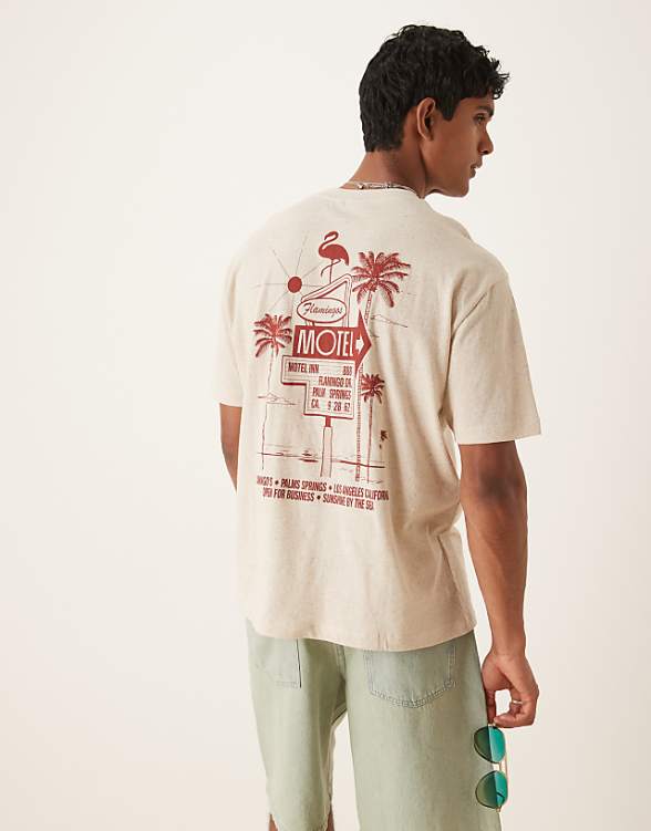 asos ASOS DESIGN linen mix relaxed t-shirt with motel graphic in natural