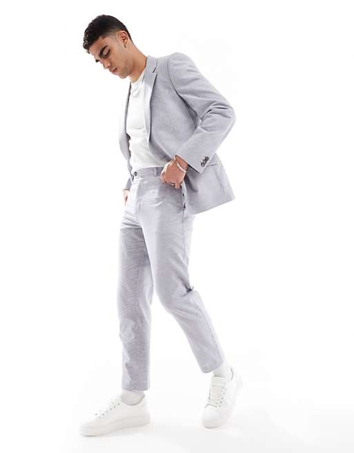 asos ASOS DESIGN linen mix slim suit in grey puppytooth