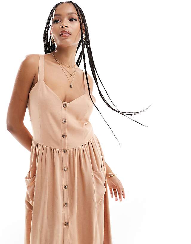 Asos ASOS DESIGN Linen Natural Button Through Midi Dress With Pockets In Biscuit
