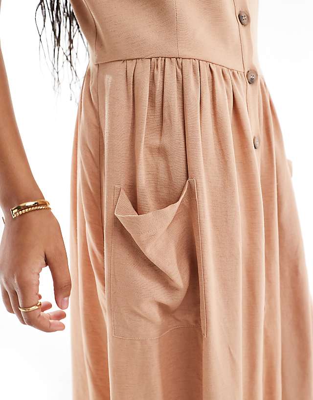Asos ASOS DESIGN Linen Natural Button Through Midi Dress With Pockets In Biscuit