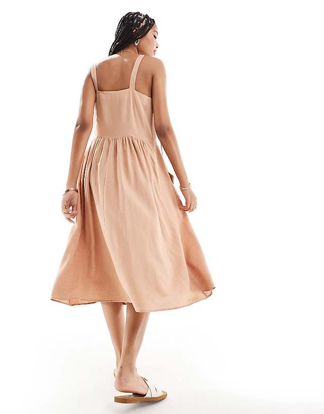 Asos ASOS DESIGN Linen Natural Button Through Midi Dress With Pockets In Biscuit