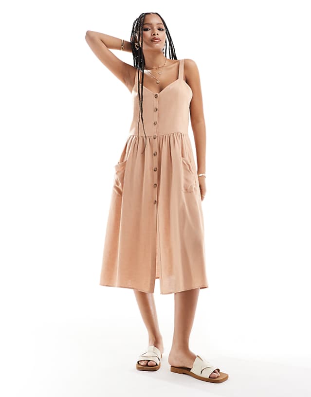 asos ASOS DESIGN linen natural button through midi dress with pockets in biscuit