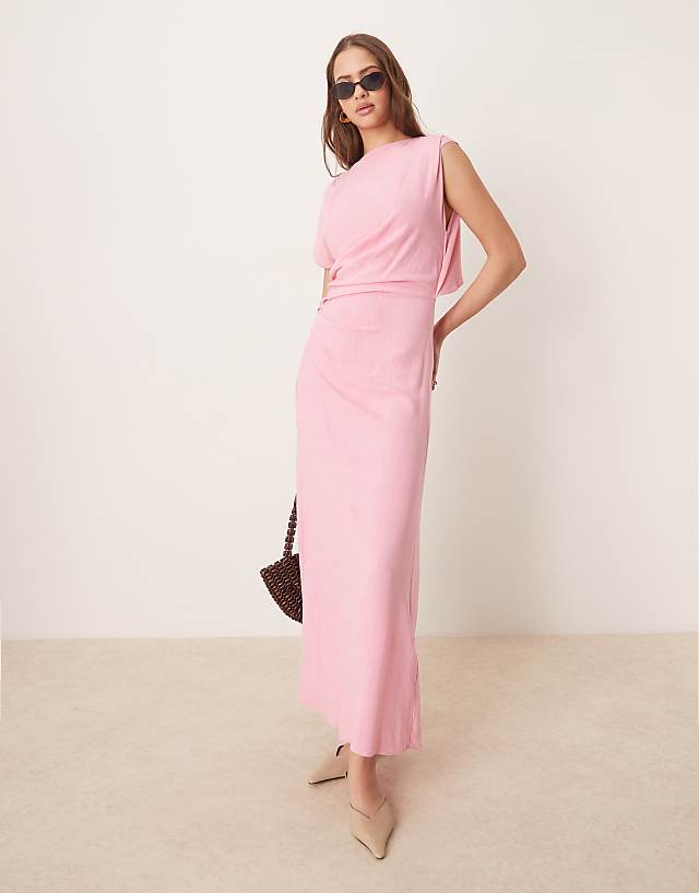 Asos ASOS DESIGN Linen Open Back Draped Waist Midaxi Dress In Pink