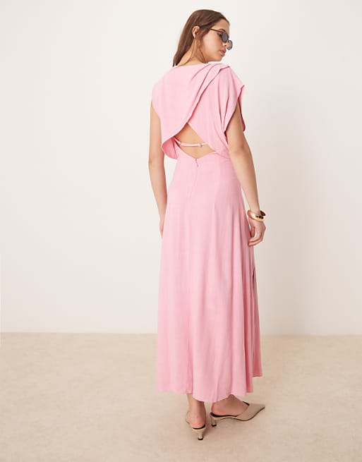 Asos ASOS DESIGN Linen Open Back Draped Waist Midaxi Dress In Pink