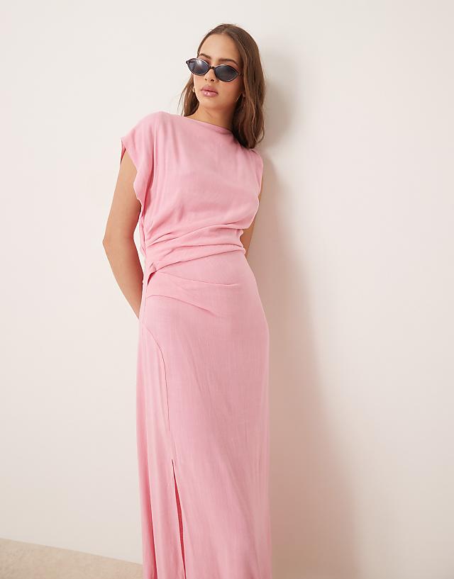 asos ASOS DESIGN linen open back draped waist midaxi dress in pink