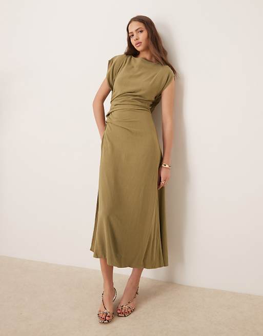 Asos ASOS DESIGN Linen Open Back Draped Waist Midi Dress In Khaki