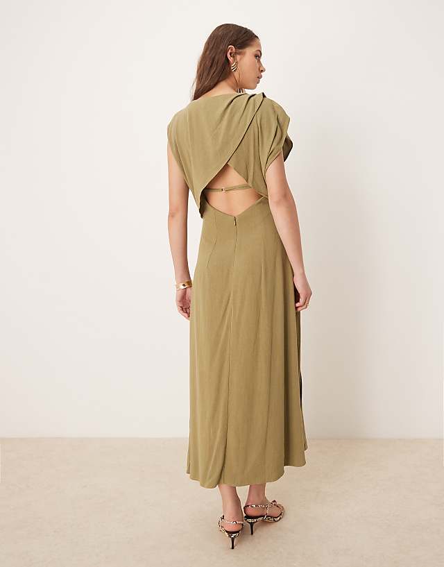 Asos ASOS DESIGN Linen Open Back Draped Waist Midi Dress In Khaki