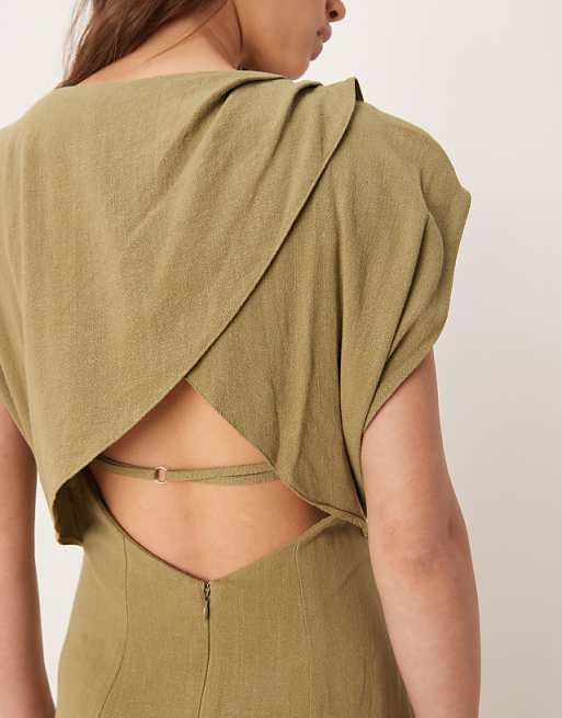 Asos ASOS DESIGN Linen Open Back Draped Waist Midi Dress In Khaki