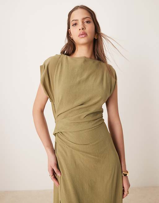 asos ASOS DESIGN linen open back draped waist midi dress in khaki