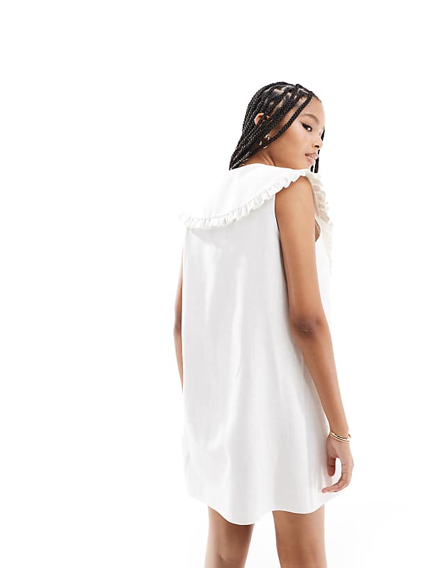 Asos ASOS DESIGN Linen Oversized Collar Detail Mini Dress In Cream
