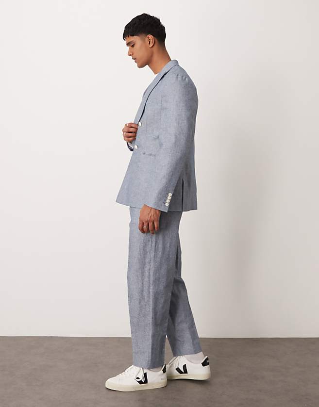 asos ASOS DESIGN linen oversized tapered suit trousers with stripes in indigo