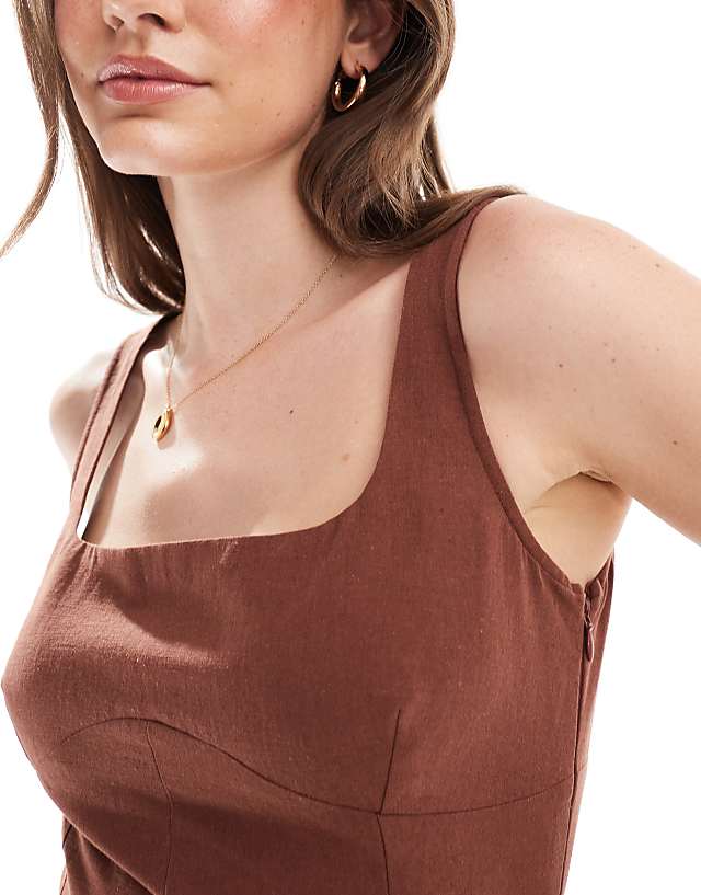 Asos ASOS DESIGN Linen Scoop Neck Mini Dress With Bust Seam Detail In Brown