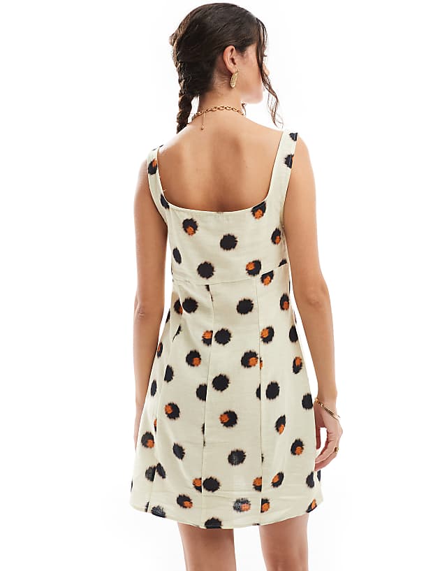 Asos ASOS DESIGN Linen Scoop Neck Mini Dress With Bust Seam Detail In Smudge Spot Print