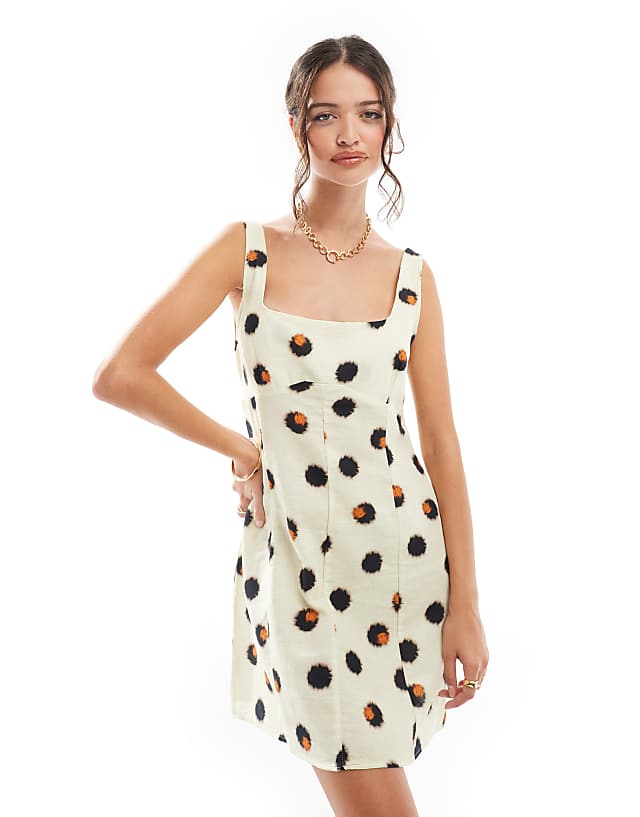 asos ASOS DESIGN linen scoop neck mini dress with bust seam detail in smudge spot print