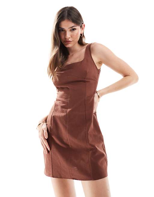 asos ASOS DESIGN linen scoop neck mini dress with bust seam detail in brown