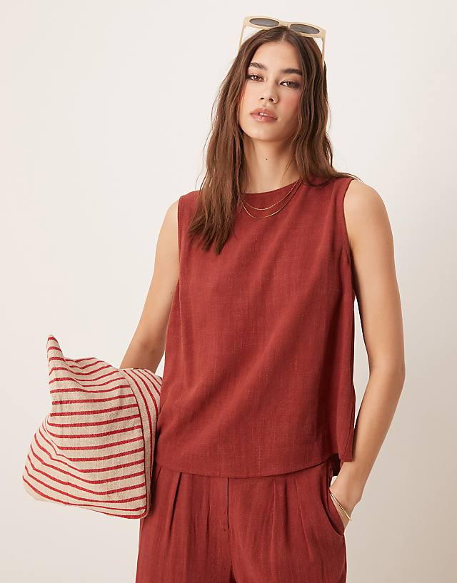 asos ASOS DESIGN linen shell top co-ord in brick red