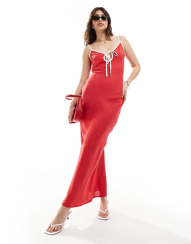 asos ASOS DESIGN linen slip dress with contrast binding in cherry red