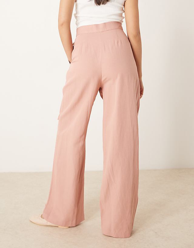 Asos ASOS DESIGN Linen Tie Front Wide Leg Trousers In Apricot