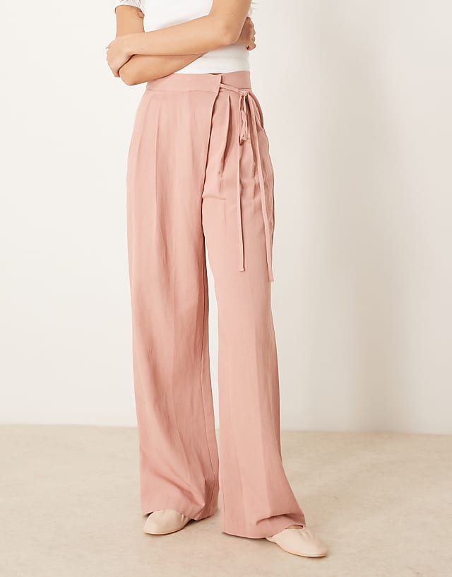 Asos ASOS DESIGN Linen Tie Front Wide Leg Trousers In Apricot
