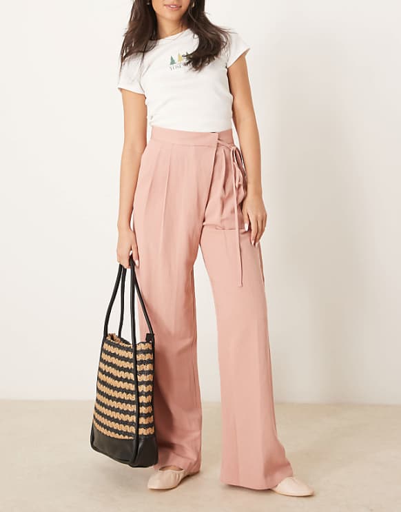 asos ASOS DESIGN linen tie front wide leg trousers in apricot