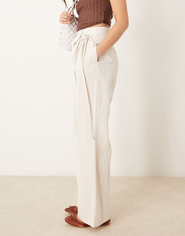 Asos ASOS DESIGN Linen Tie Front Wide Leg Trousers In Stone