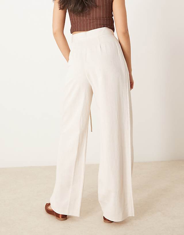 Asos ASOS DESIGN Linen Tie Front Wide Leg Trousers In Stone