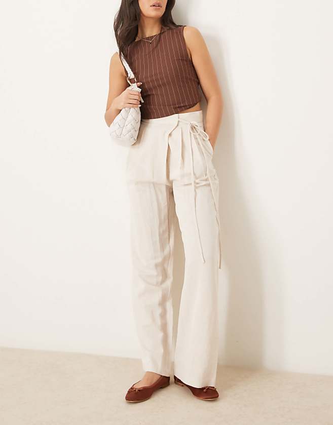 asos ASOS DESIGN linen tie front wide leg trousers in stone