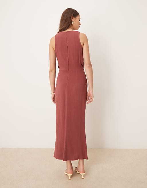 Asos ASOS DESIGN Linen Twist Shoulder Detail Midi Dress With Ruching In Apple Butter
