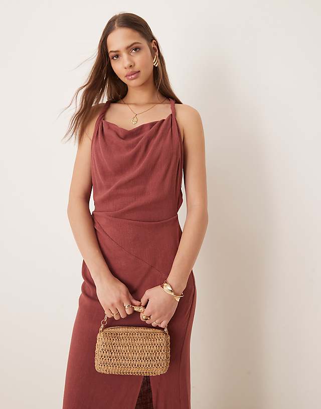 Asos ASOS DESIGN Linen Twist Shoulder Detail Midi Dress With Ruching In Apple Butter