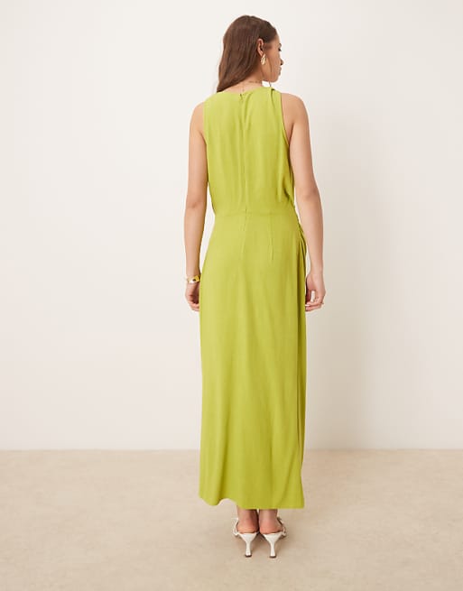 Asos ASOS DESIGN Linen Twist Shoulder Detail Midi Dress With Ruching In Pale Green